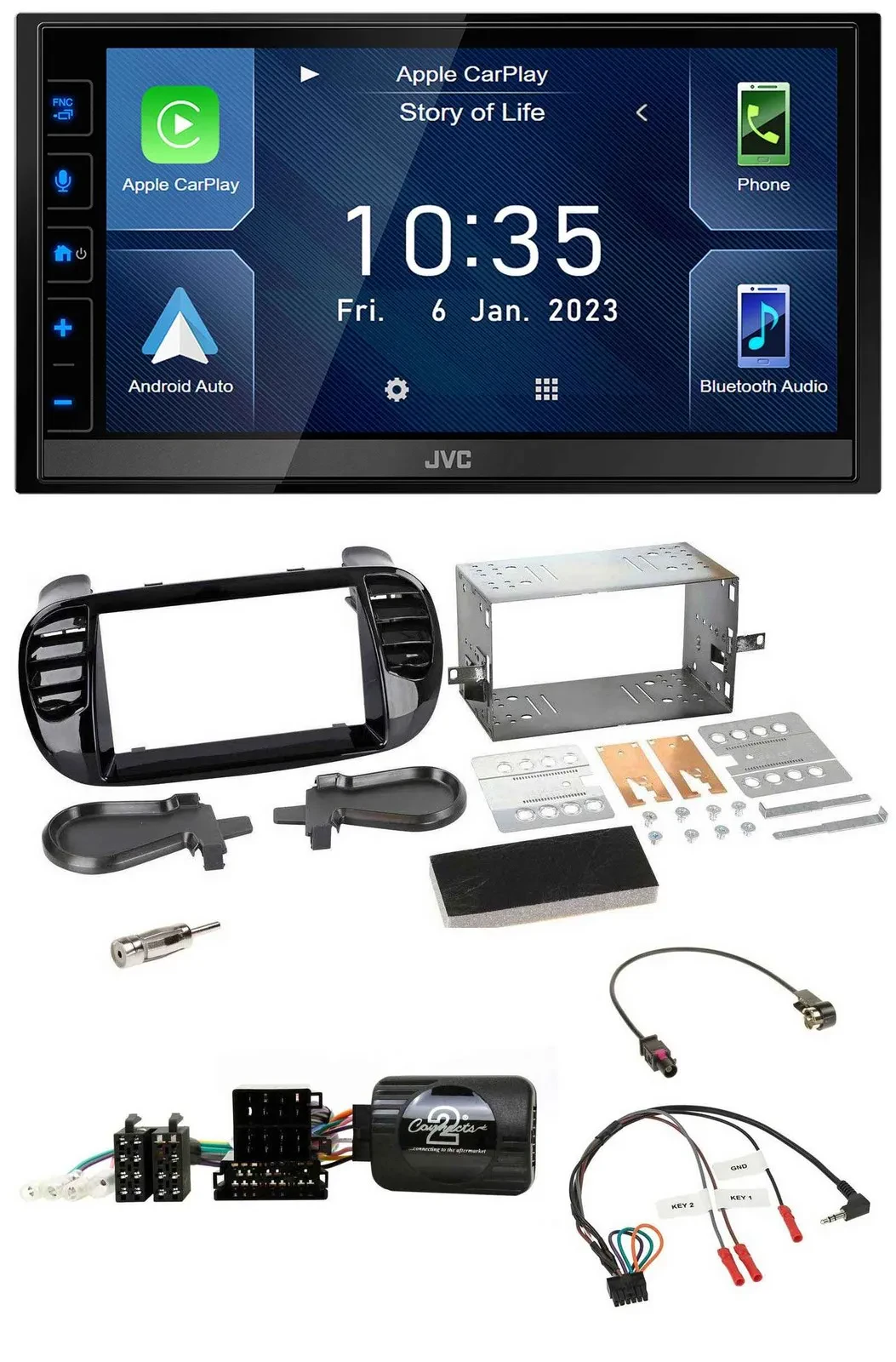 JVC DAB Bluetooth Lenkrad USB 2DIN Autoradio für Fiat 500 Fakra 08-15 schwarz