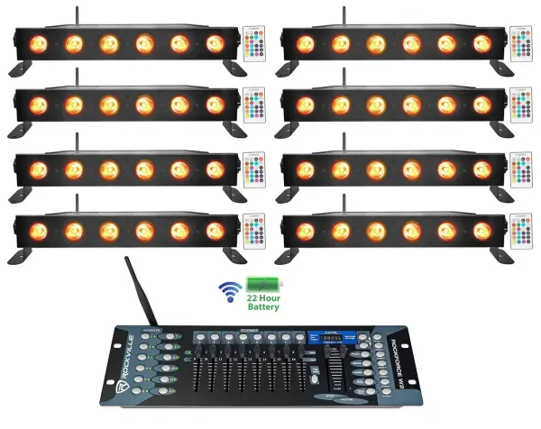 8) Rockville BEST STRIP 60 Black Rechargeable Light Bars+Wireless DMX Controller