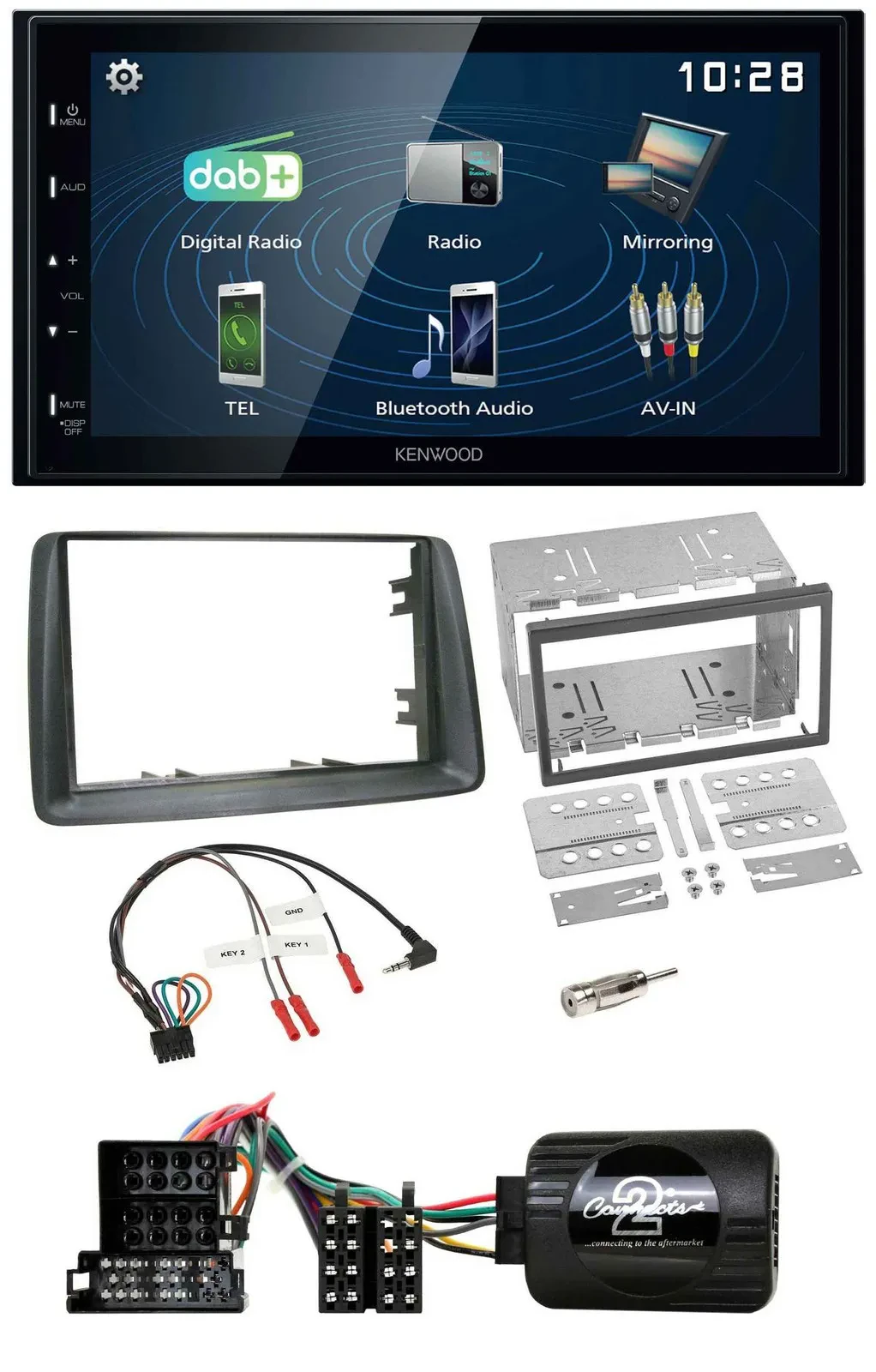 Автомагнитола Kenwood 2DIN Bluetooth USB DAB для Fiat Panda 2004–2007, серый