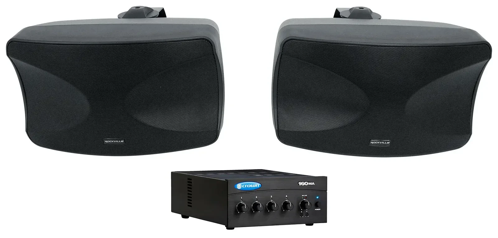 Crown 160MA 60w Commercial 70V Amplifier+(2) Indoor/Outdoor Black Wall Speakers