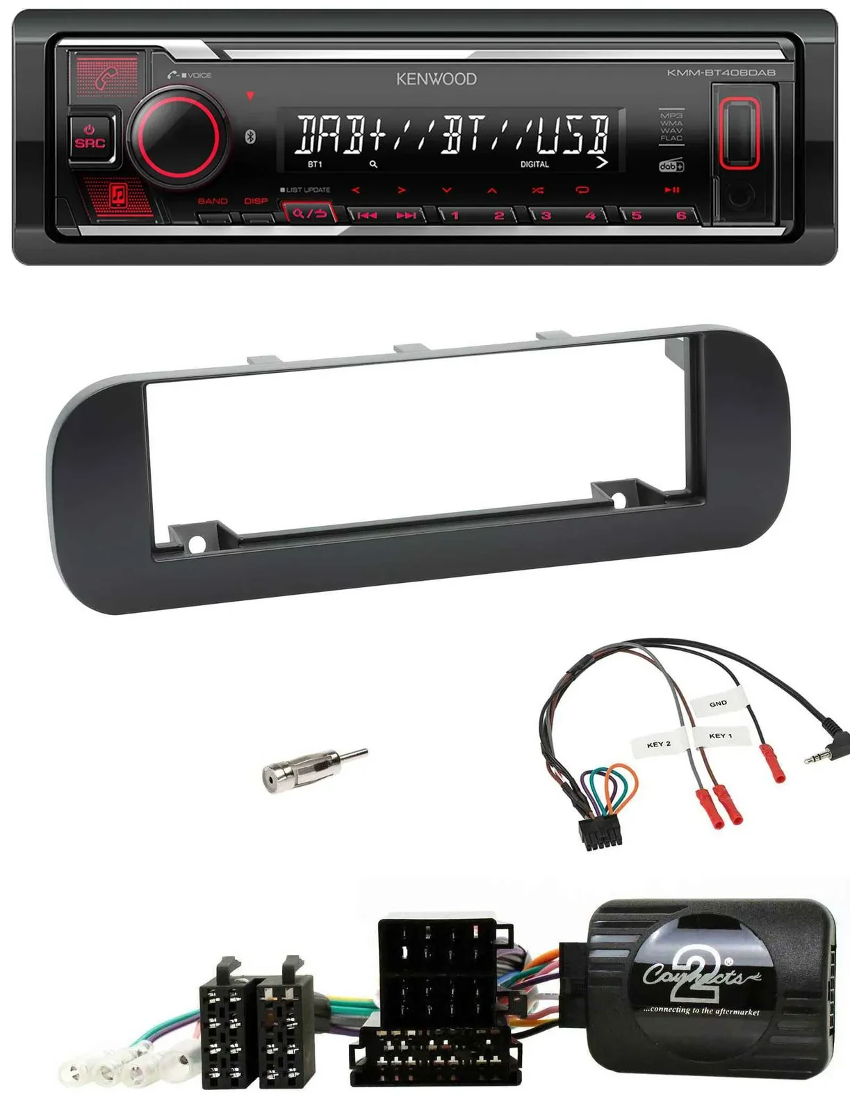 Автомагнитола для Fiat Panda 2012–2020 Kenwood Bluetooth USB DAB черная