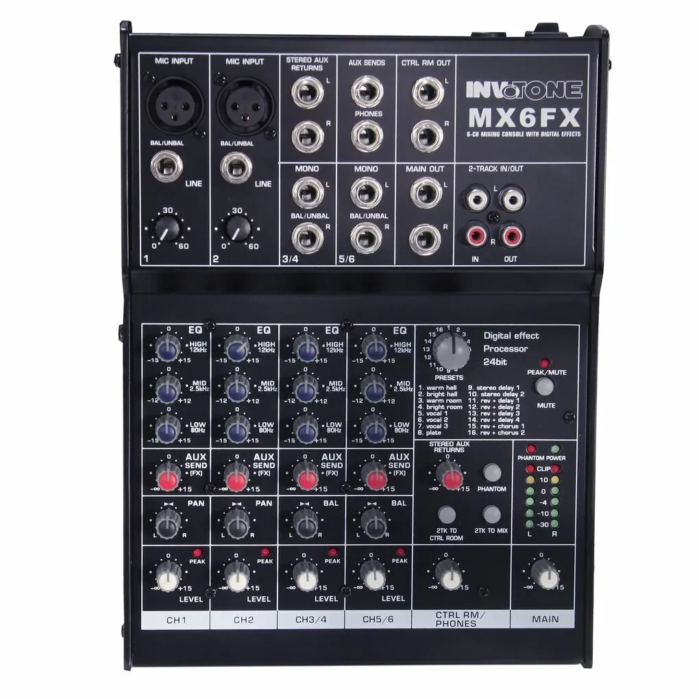 Микшерный пульт INVOTONE MiX .6FX 6-канальный, 2 моно входа, 4 стерео входа, TRS jack, 3-полосный эквалайзер
