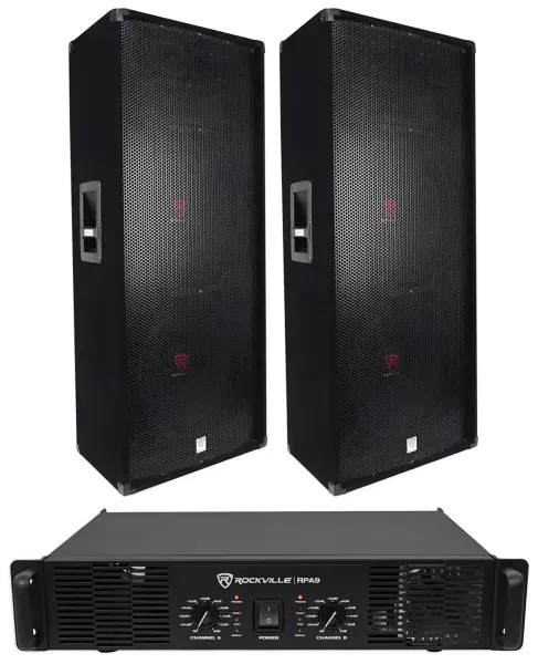 (2) Rockville RSG15.28 Dual 15” PA Speakers + Rockville RPA9 Power Amplifier Amp