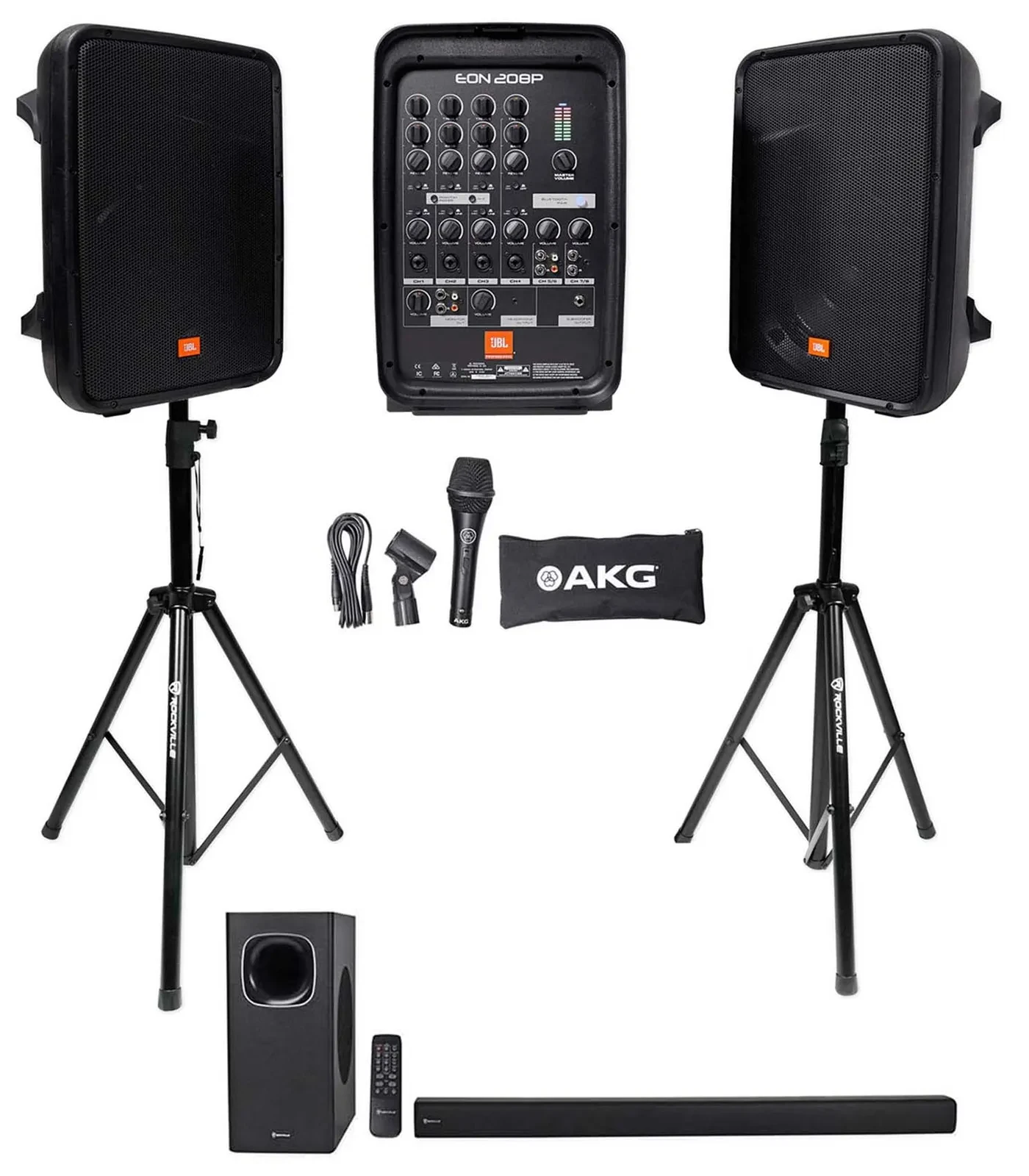 JBL EON208P Portable PA System w/8" Speakers+Mixer w/Bluetooth+Stands+Soundbar