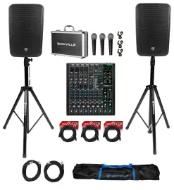 (2) Rockville TITAN 15 15" 2000w DJ PA Speakers/Bluetooth+Mackie Mixer+(3) Mics