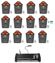 12) Rockville RockWedge LED Battery Lights+384 Channel Wireless DMX Controller