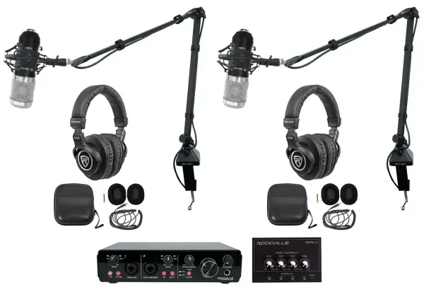 Rockville R-TRACK 2x2 2-Person Podcast Kit w/ RCM01 Microphone+Boom+Headphones