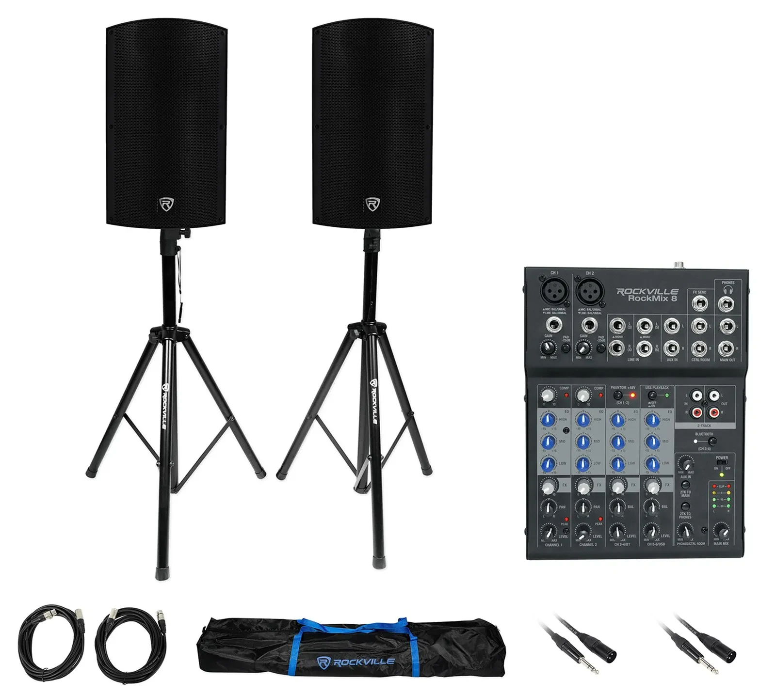 Активная акустическая система для PA/DJ Rockville TITAN15 v2 15", 2000W (набор, пара), с микшером ROCKMIX 8, со стойками и сумкой