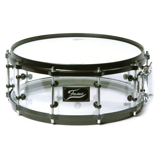 Acryl Snare Drum 14"x5.5" Transparent Clear Black HW Stahl Spannreifen Tube