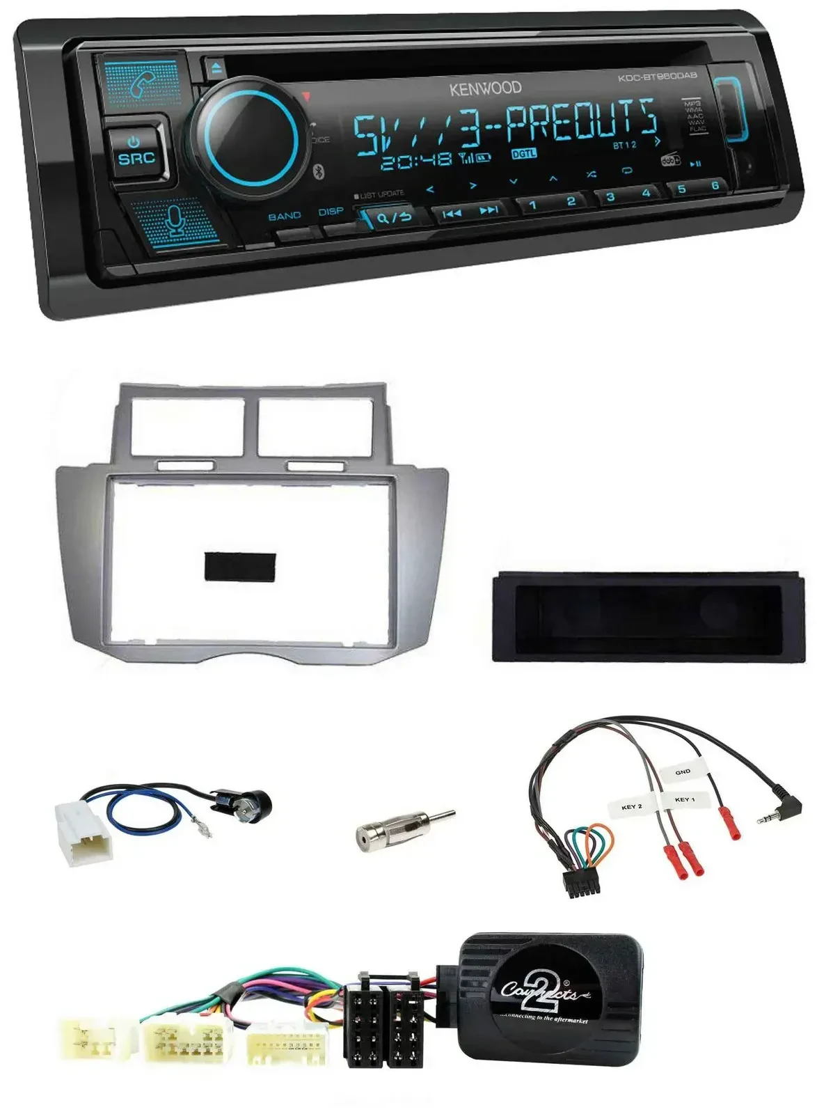 Автомагнитола Kenwood Bluetooth, CD, USB, DAB для Toyota Yaris 2007–2011 серебристая