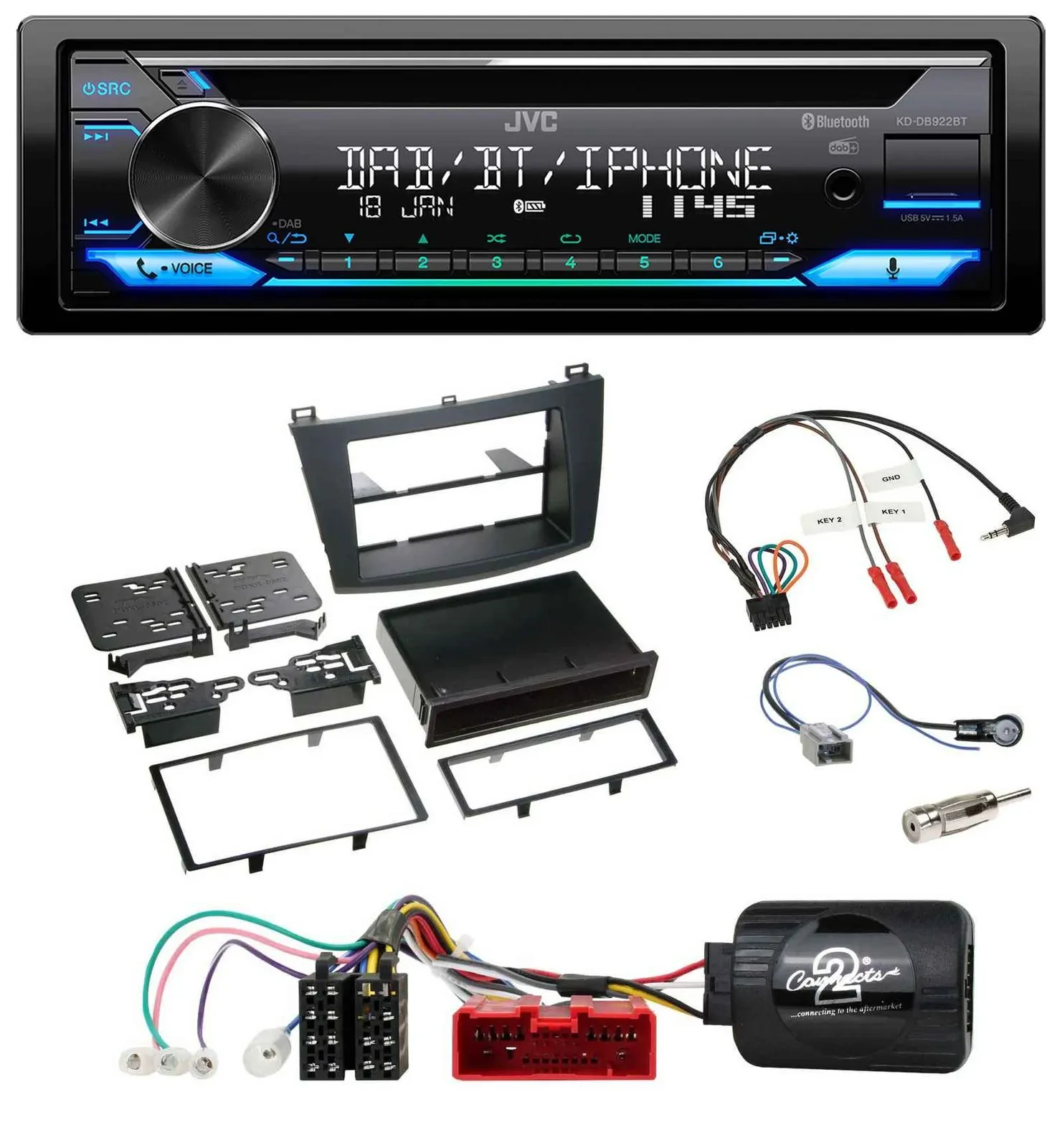 Автомагнитола JVC Bluetooth USB DAB CD для Mazda 3 (2009–2013), управление с руля (аналоговое)