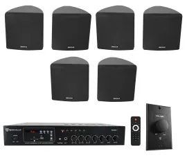 Rockville Commercial Restaurant Amp+(6) Black Slim Wall Speakers+Wall Controller