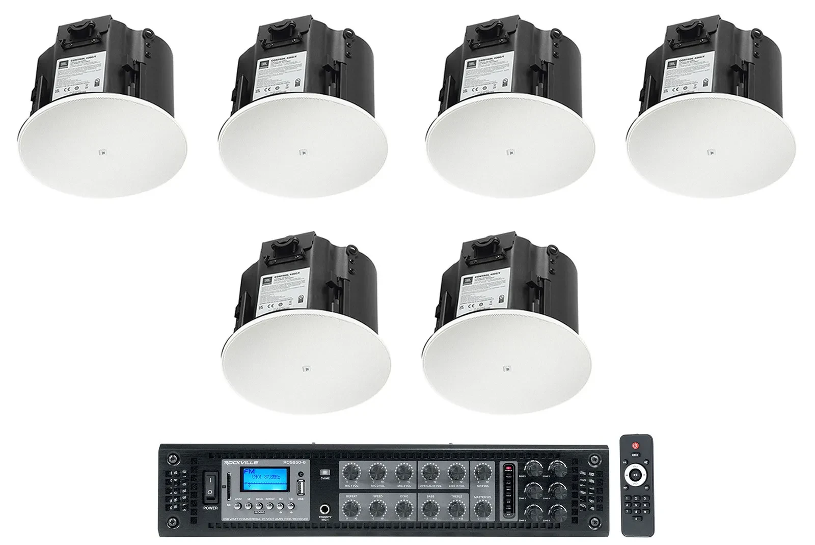 Потолочная акустика для ресторанов JBL Control 426C/T 6.5", 70V (набор, 6 шт.) с усилителем RCS650-6