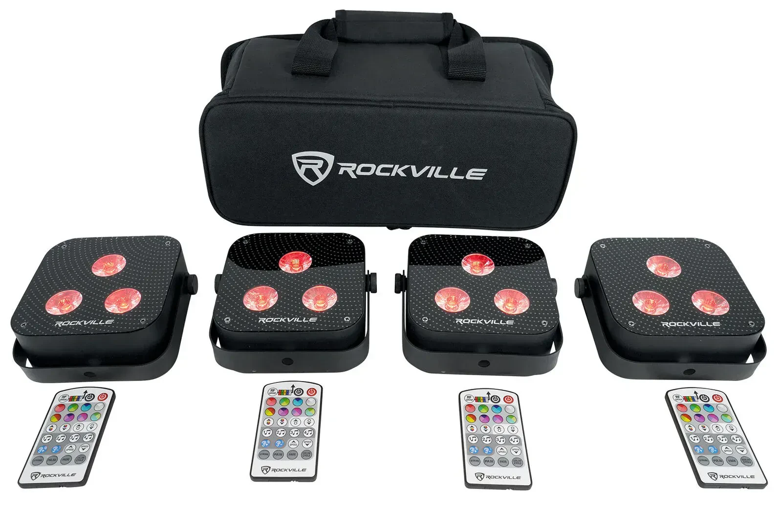 Светодиодный прибор Rockville MINI RF3 Black с чехлом и DMX-пультом (4 штуки)