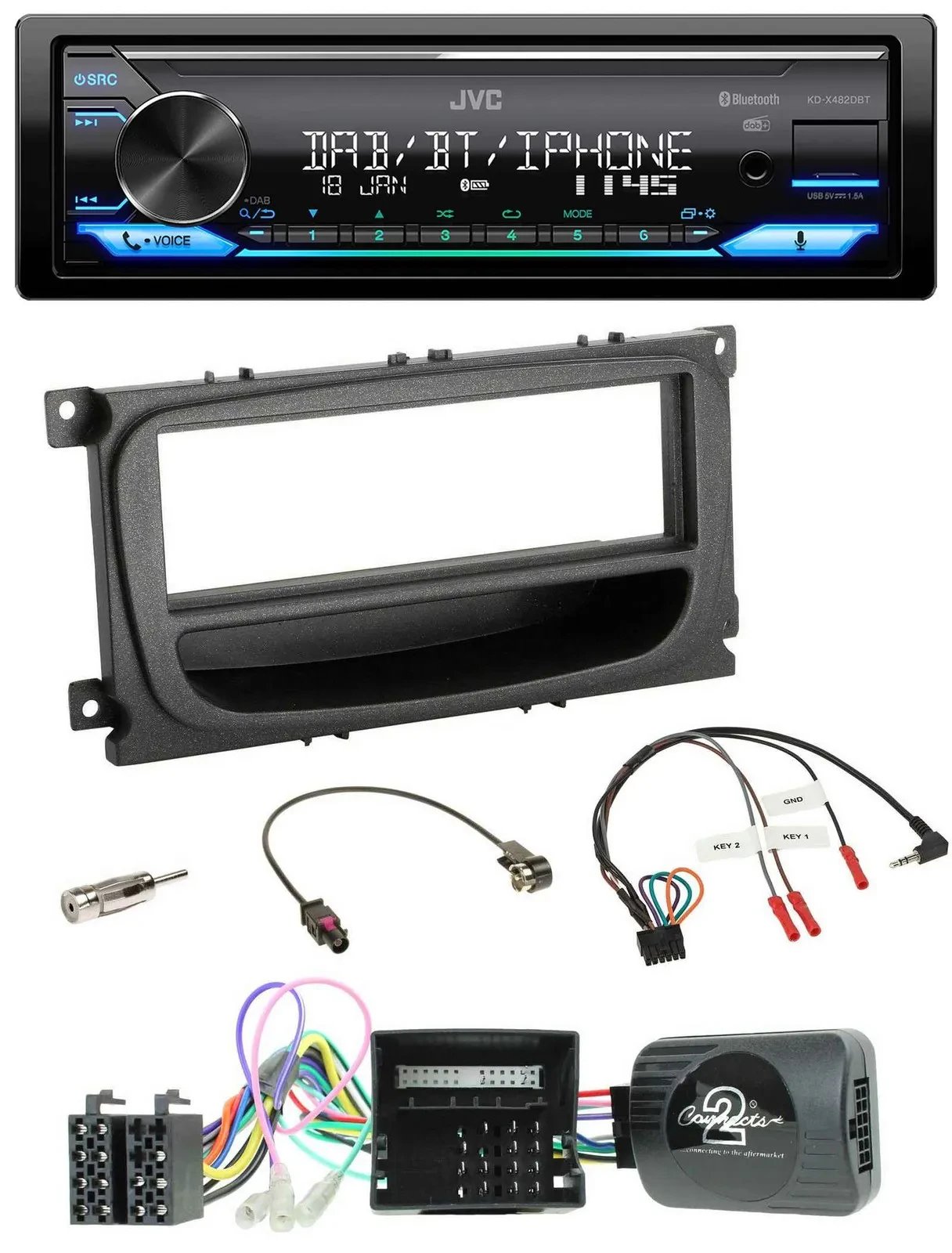 JVC Bluetooth DAB USB Lenkrad Autoradio für Ford C-Max Focus Can 07-10 Galaxy Ab