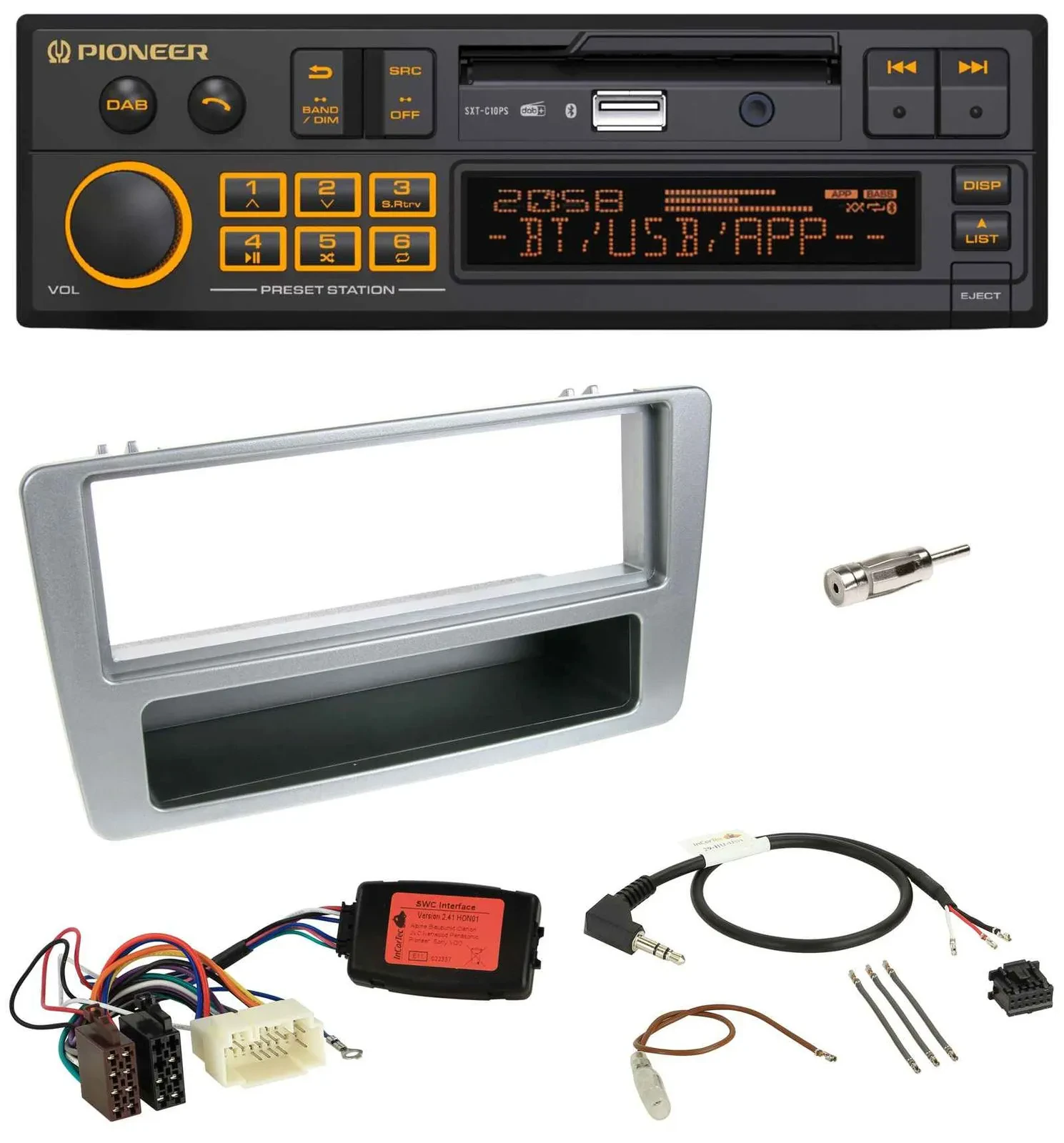 Автомагнитола для Honda Civic 2001–2003 Pioneer DAB, USB, Bluetooth, совместимая с кнопками на руле, серебристая