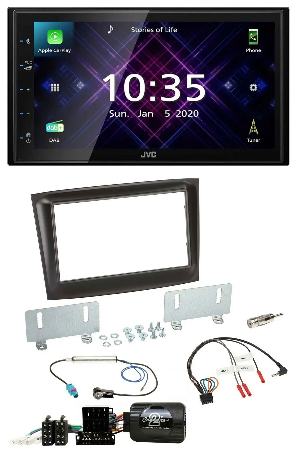 Автомагнитола JVC 2-DIN DAB, Bluetooth, USB для Fiat Doblo, с адаптером ISO Can-Bus (с 2015)