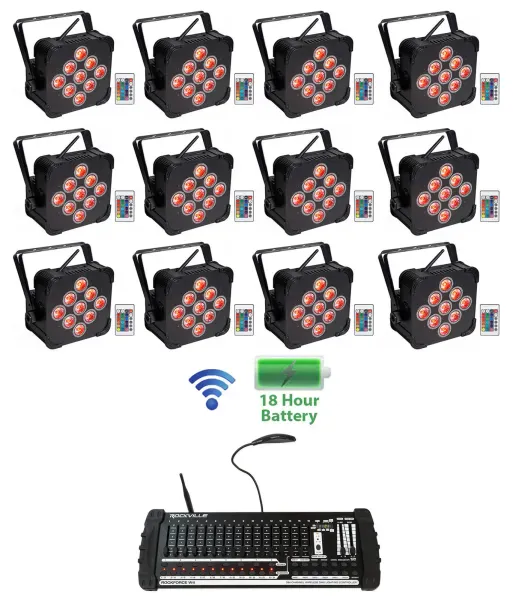 (12) Rockville BEST PAR 60 Battery Wash Lights Wireless DMX+384 Ch. Controller