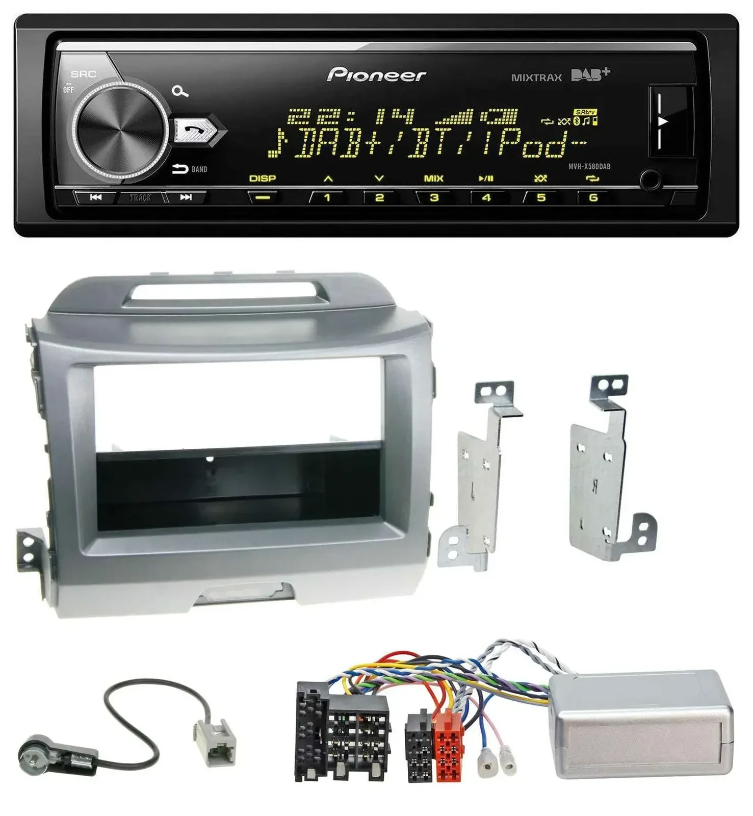 Автомагнитола Pioneer Bluetooth, USB, DAB для Kia Sportage 3 (2010–2015), серебристая, с поддержкой управления на руле
