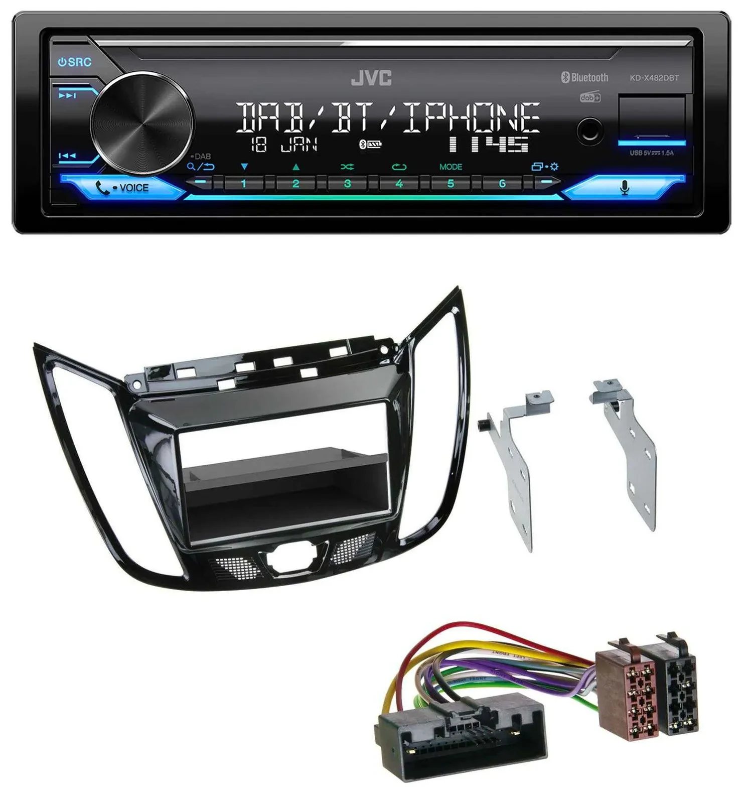 Автомагнитола JVC Bluetooth DAB USB MP3 для Ford C-Max/Kuga, чёрный (piano black)