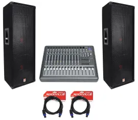 (2) Rockville RSG12.24 Dual 12” 2000w 3-Way DJ/Pro PA Speakers+14-Ch Mixer w/USB