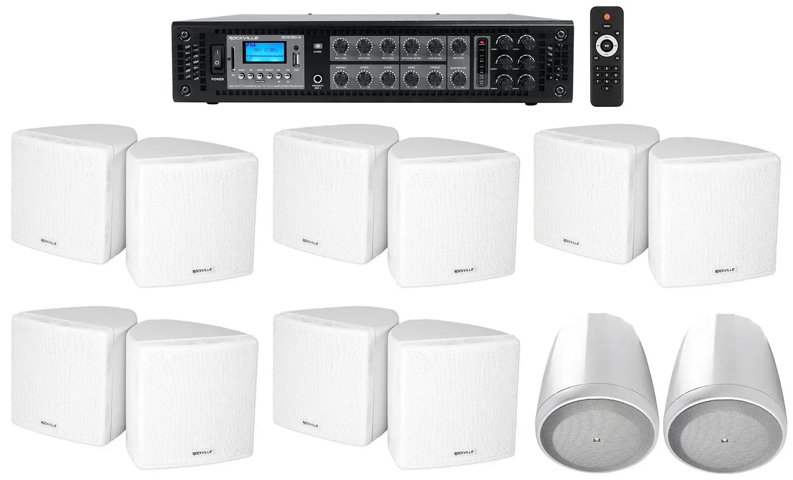 Трансляционный усилитель Rockville RCS180-6+(5) Cube 70v W+Control 65P/T-WH с комплектом акустики