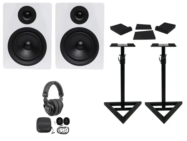 2 Rockville DPM5W 5.25" 300w Dual Powered Studio Monitors+Stands+Pads+Headphones