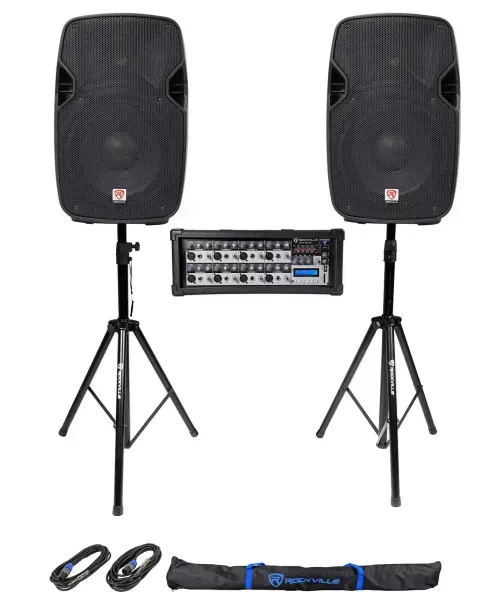 (2) Rockville 10" 800w PA Speakers+Powered Mixer+Stands+Cables For Church/School