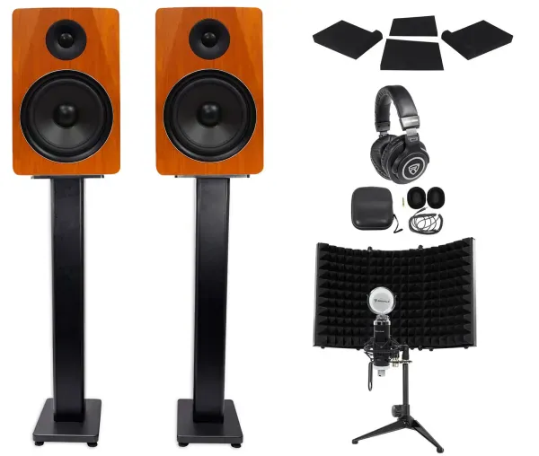 2) Rockville APM8C 8" 500w Studio Monitors+36" Stands+Pads+Headphones+Mic+Shield