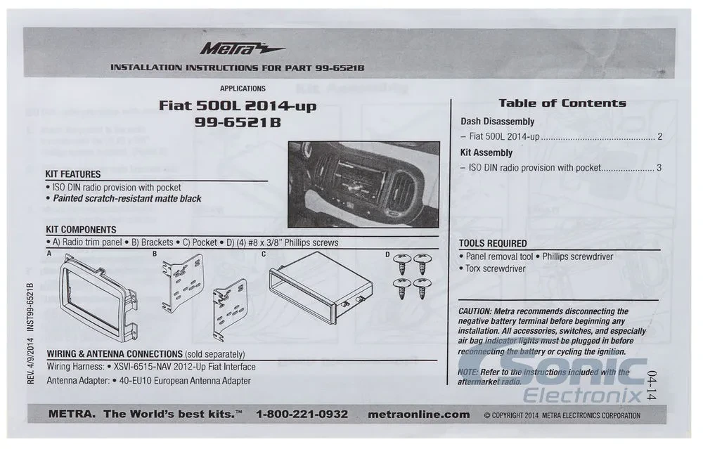 Metra 99-6521B Single-DIN dash kit for select 2014-2020 500L