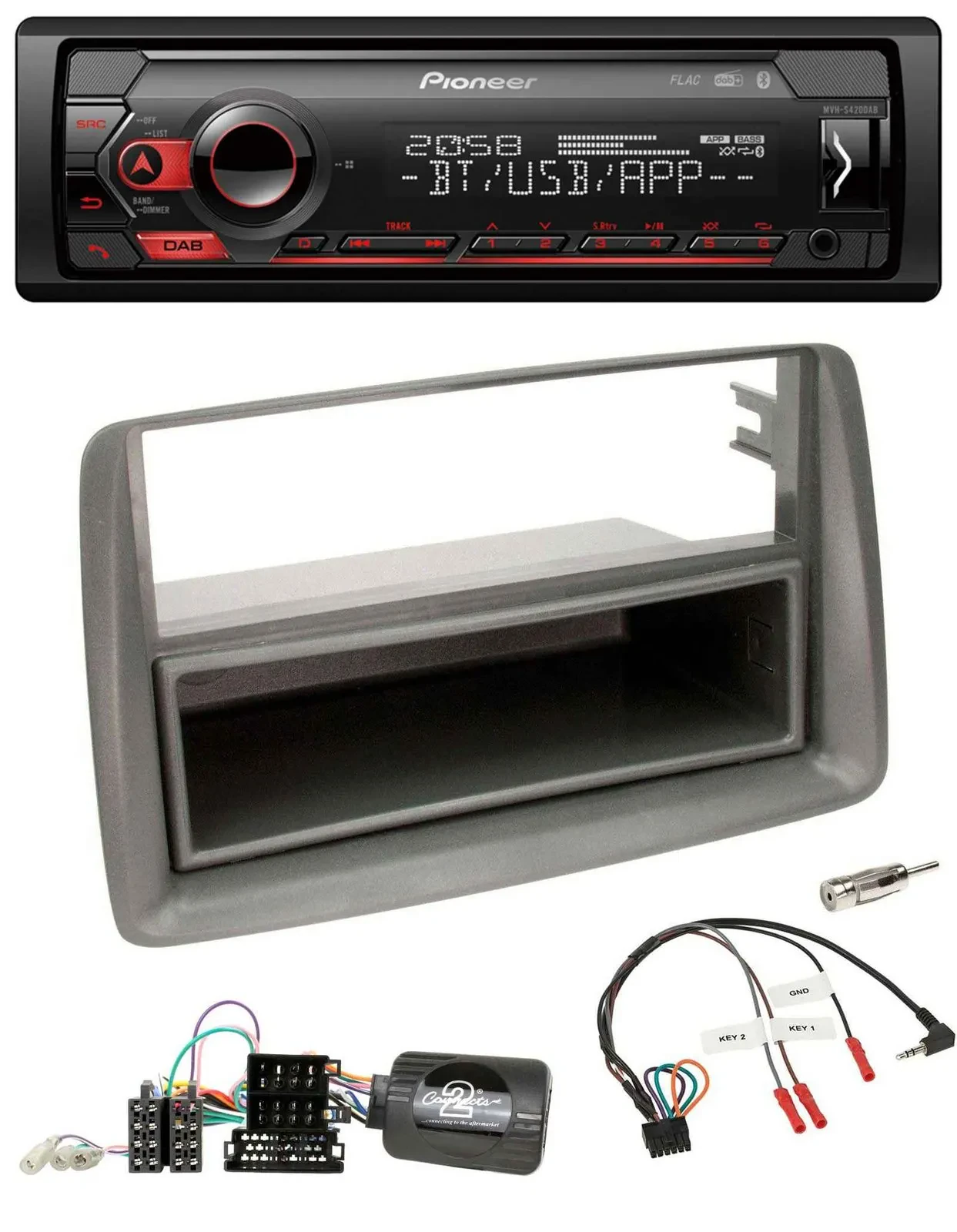 Автомагнитола Pioneer с USB, DAB, Bluetooth, поддержка управления на руле, для Fiat Panda 169 (2007–2012), серый