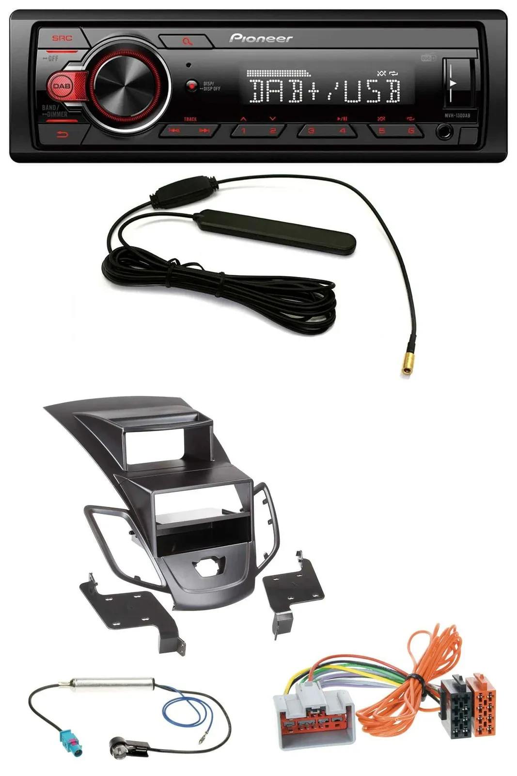 Автомагнитола для Ford Fiesta 2008–2010 Pioneer 1DIN DAB, MP3, USB, AUX, дисплей, черная