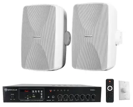 Rockville Commercial Restaurant Amp+(2) White 5.25" Wall Speakers+Controller