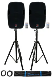 2) Rockville BPA15 15" Powered 800W DJ PA Speakers w Bluetooth+Stands+Cables+Bag