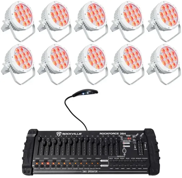 10) Rockville WET PAR PRO White Indoor/Outdoor Par Wash Up Lights+DMX Controller