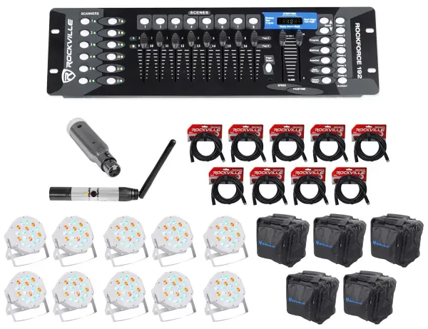 Rockville 192-Channel DMX Controller+Lighting Transmitter+Receiver+10 Par Lights