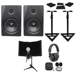 2) Rockville DPM8B 8" Active Studio Monitors+Stands+Headphones+Mic+Shield