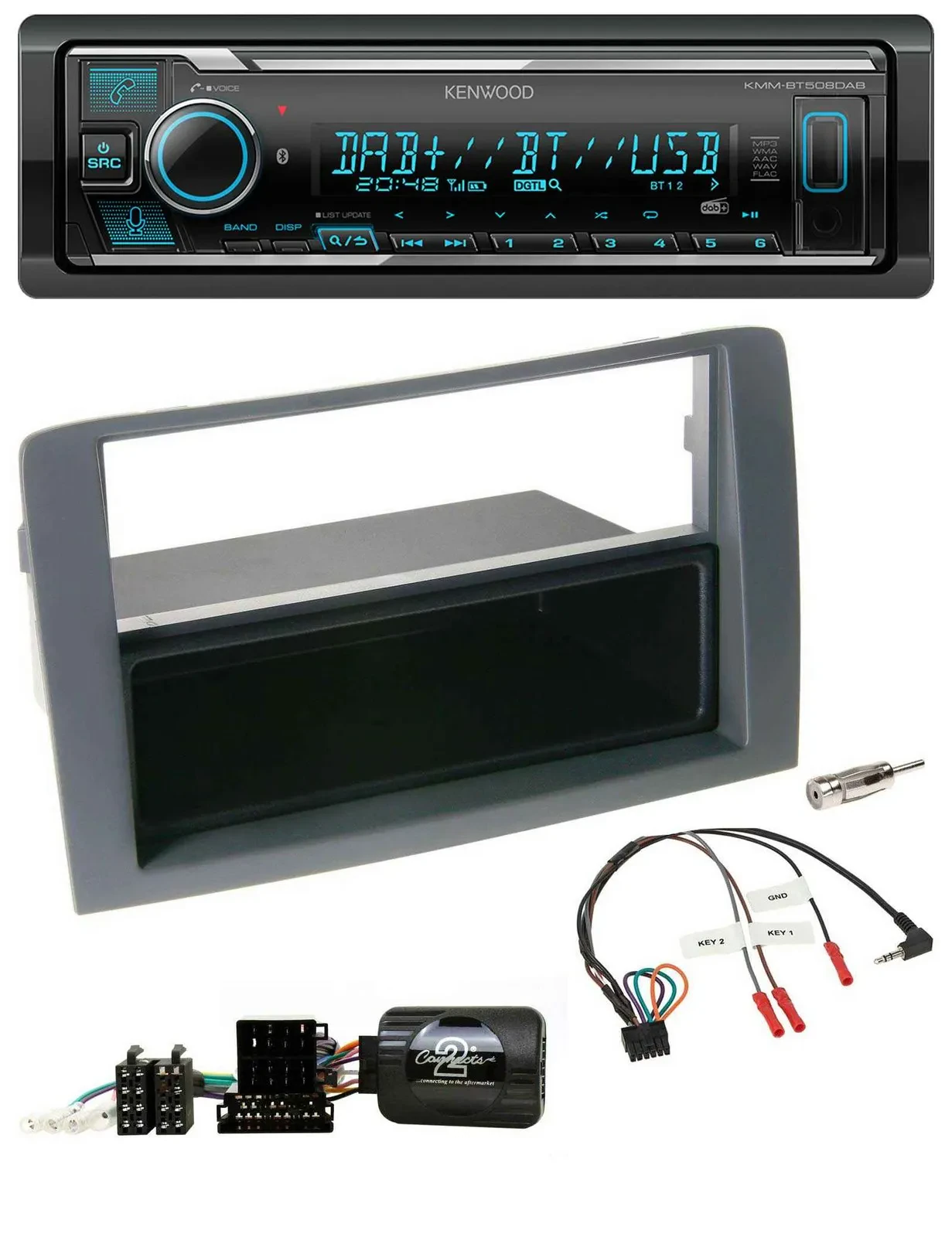 Автомагнитола Kenwood Bluetooth, DAB, USB, для Fiat Idea (2006–2011), серый, поддержка кнопок на руле