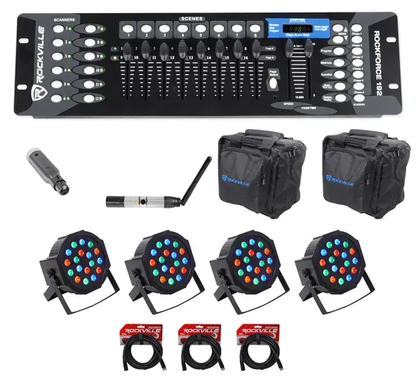 Rockville 192-Channel DMX Controller+Lighting Transmitter+Receiver+4) Par Lights