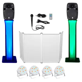 DJ Package w/Dual 15" Bluetooth Speakers+Mic+Tripod+Totem Stands+Facade+Lights