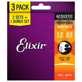 Струны для акустической гитары Elixir 16545 Nanoweb Acoustic Light 12-53 (3-Pack)