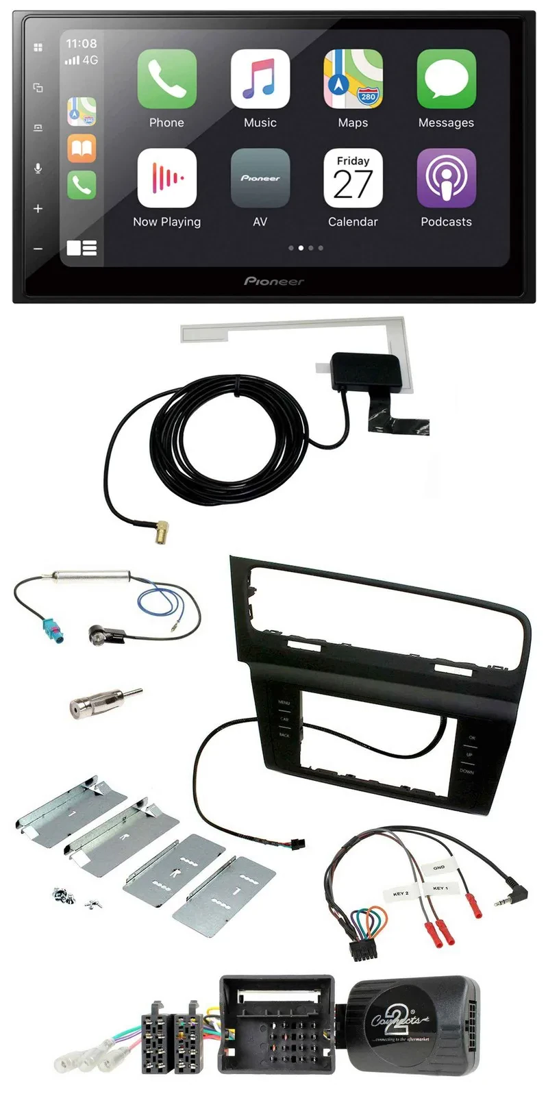 Автомагнитола для VW Golf VII Pioneer 2DIN USB Bluetooth DAB с поддержкой кнопок на руле