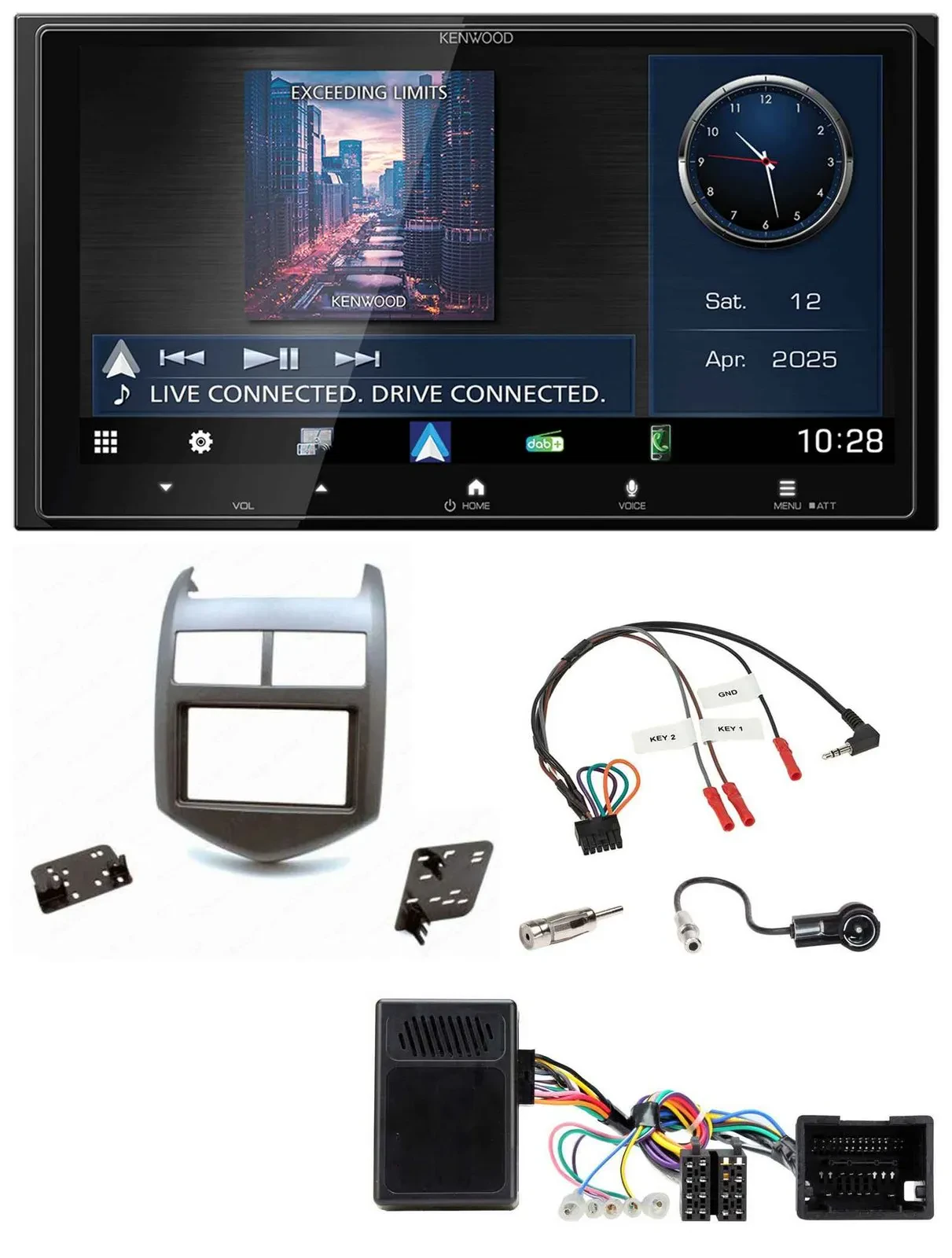 Автомагнитола Kenwood 2DIN, Bluetooth, USB, DAB, совместимая с кнопками на руле, для Chevrolet Aveo (с 2011), цвет: темный