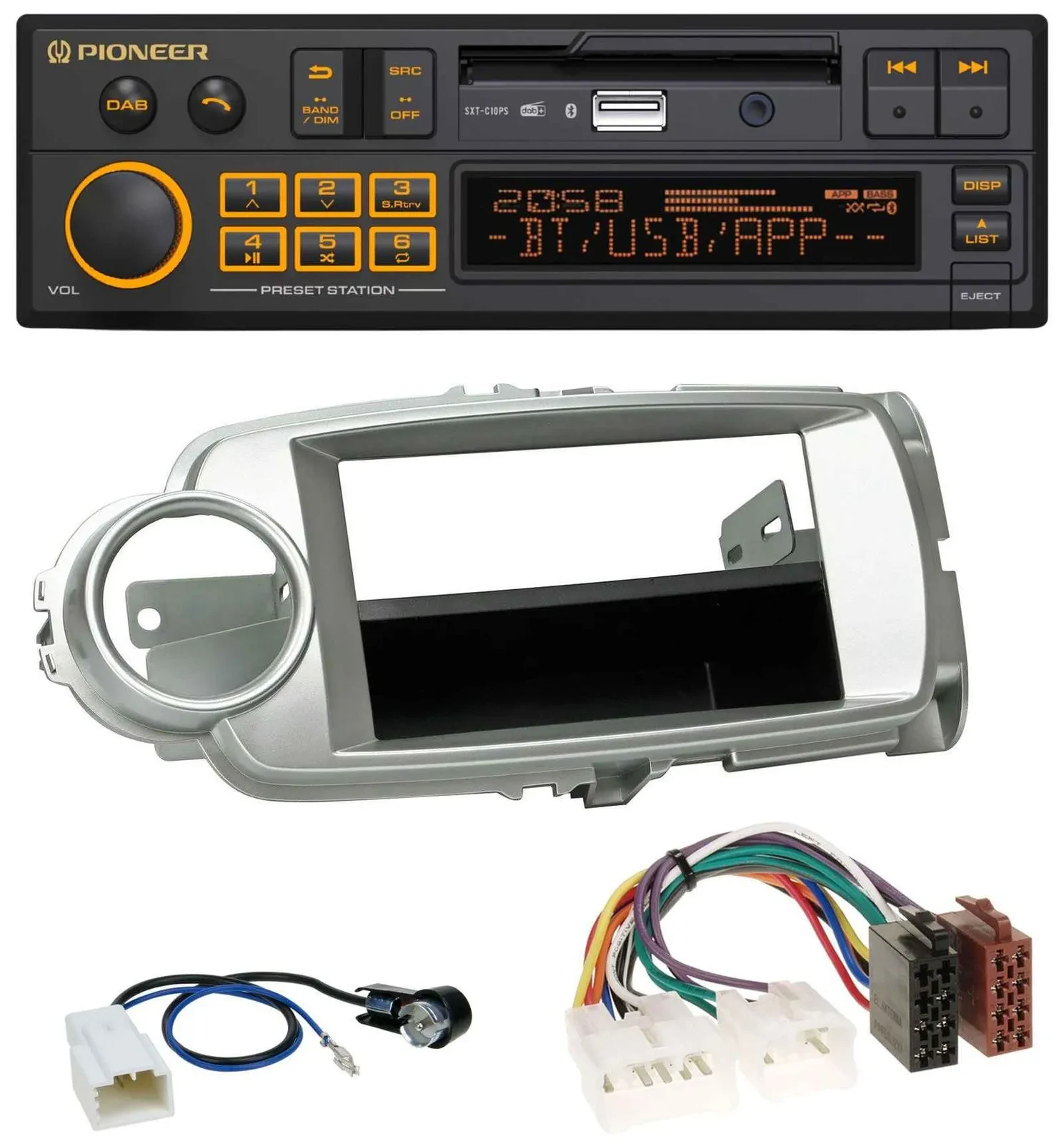 Автомагнитола для Toyota Yaris (2011–2014) Pioneer DAB, MP3, USB, Bluetooth, серебристая