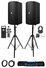 2 Avante Audio A15X 1200w 15" Active DJ PA Speakers+Stands+Microphone+Headphones