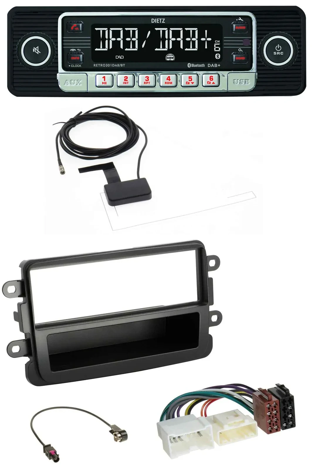 Автомагнитола Dietz DAB, Bluetooth, USB, MP3 для Dacia Lodgy, Duster, Dokker, Sandero, черный