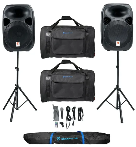 Rockville RPG122K Dual 12" Speakers+Bluetooth+Mic+Stands+Cables+Carry Bags