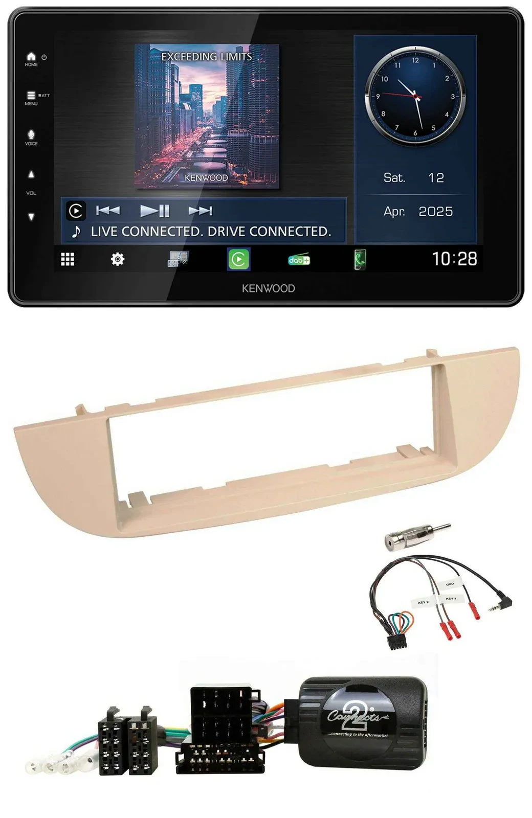 Kenwood Lenkrad Bluetooth USB DAB Autoradio für Fiat 500 ab 2007 perlgrau beige