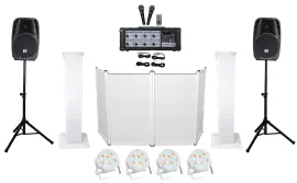 DJ Package w/(2) 12" Speakers+Bluetooth Mixer+Mics+Totem Stands+Facade+Lights