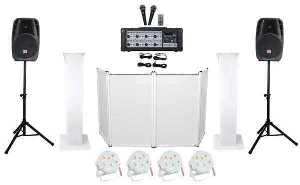 DJ Package w/(2) 12" Speakers+Bluetooth Mixer+Mics+Totem Stands+Facade+Lights